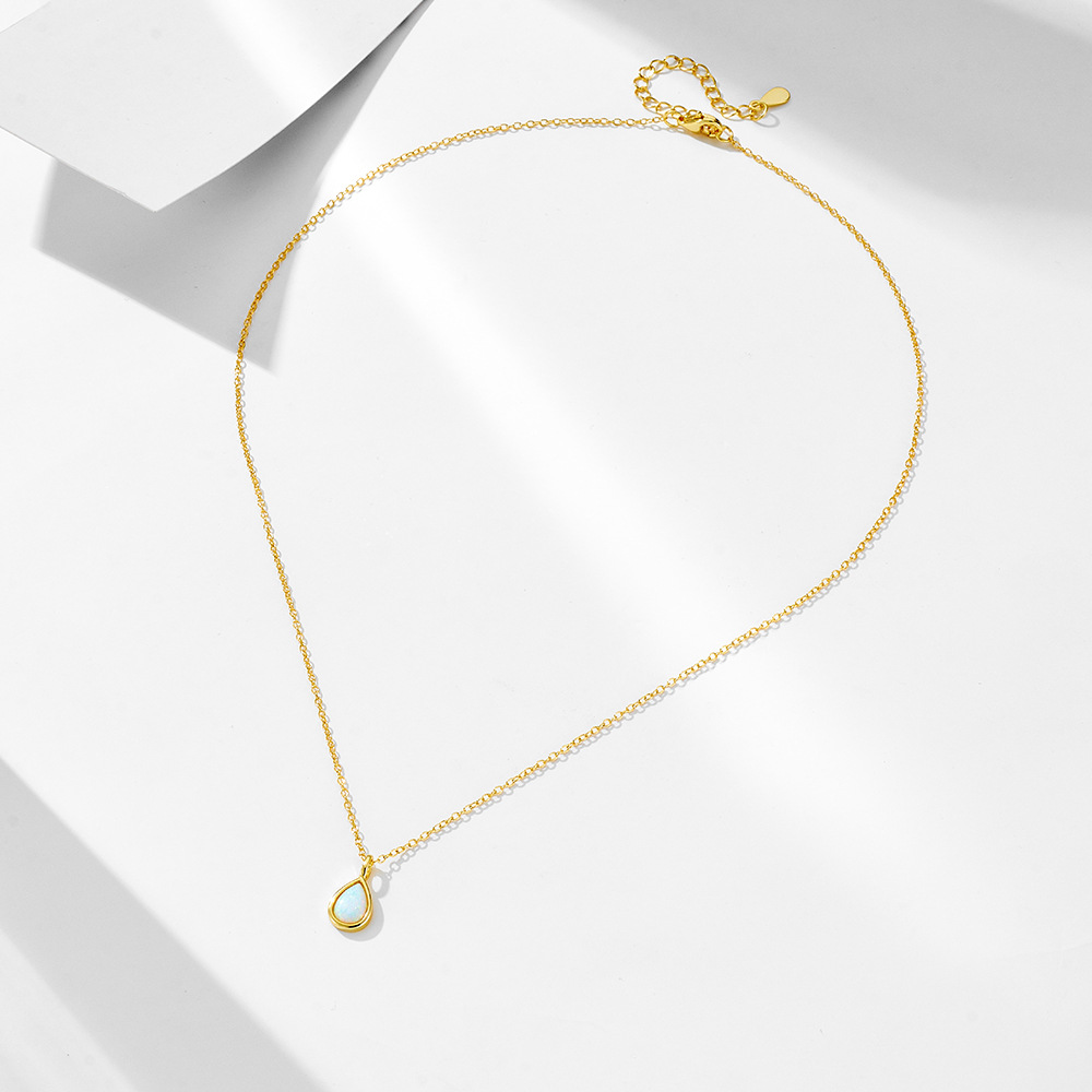 S925 Sterling Silver Geometric Pear-Shaped Opal Necklace, European and American Luxury, Ins Style, High-End, Simple Teardrop Pendant, Clavicle Chain