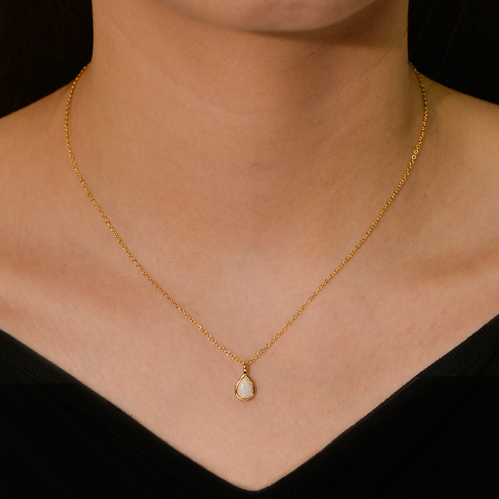 S925 Sterling Silver Geometric Pear-Shaped Opal Necklace, European and American Luxury, Ins Style, High-End, Simple Teardrop Pendant, Clavicle Chain