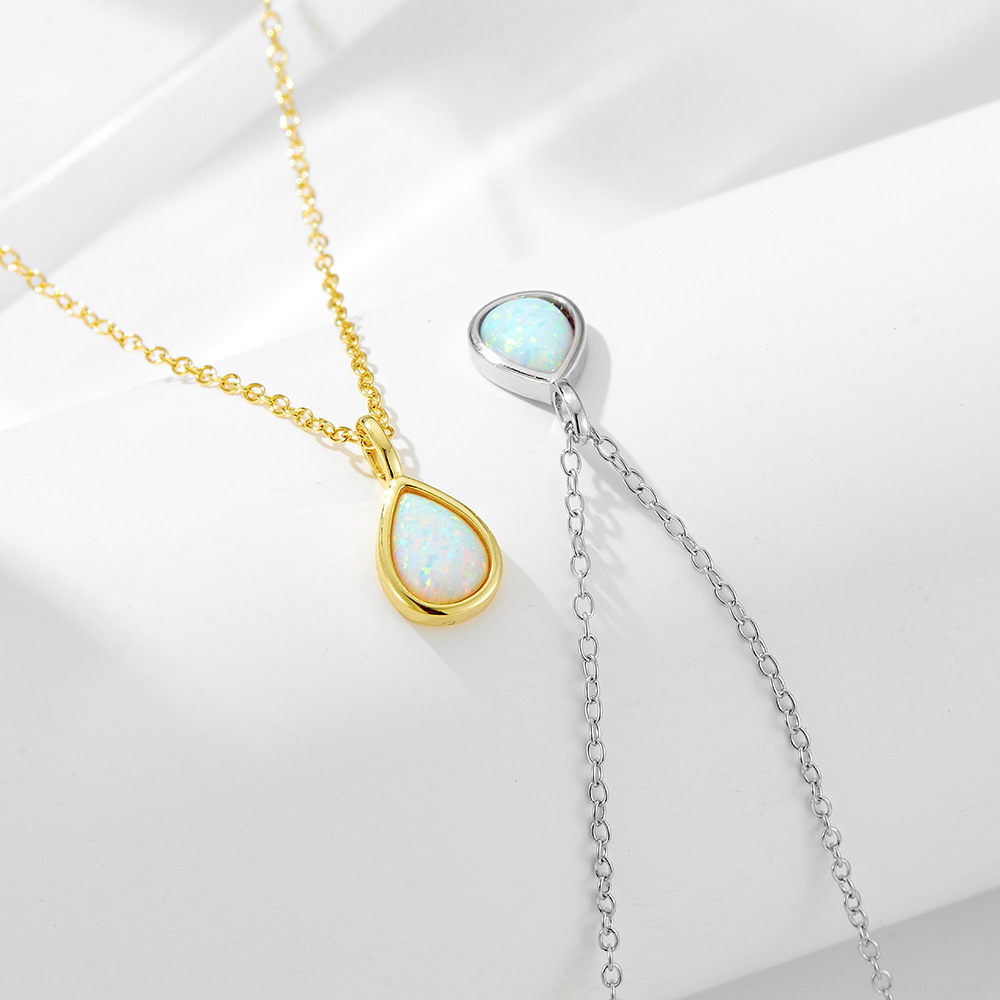 S925 Sterling Silver Geometric Pear-Shaped Opal Necklace, European and American Luxury, Ins Style, High-End, Simple Teardrop Pendant, Clavicle Chain