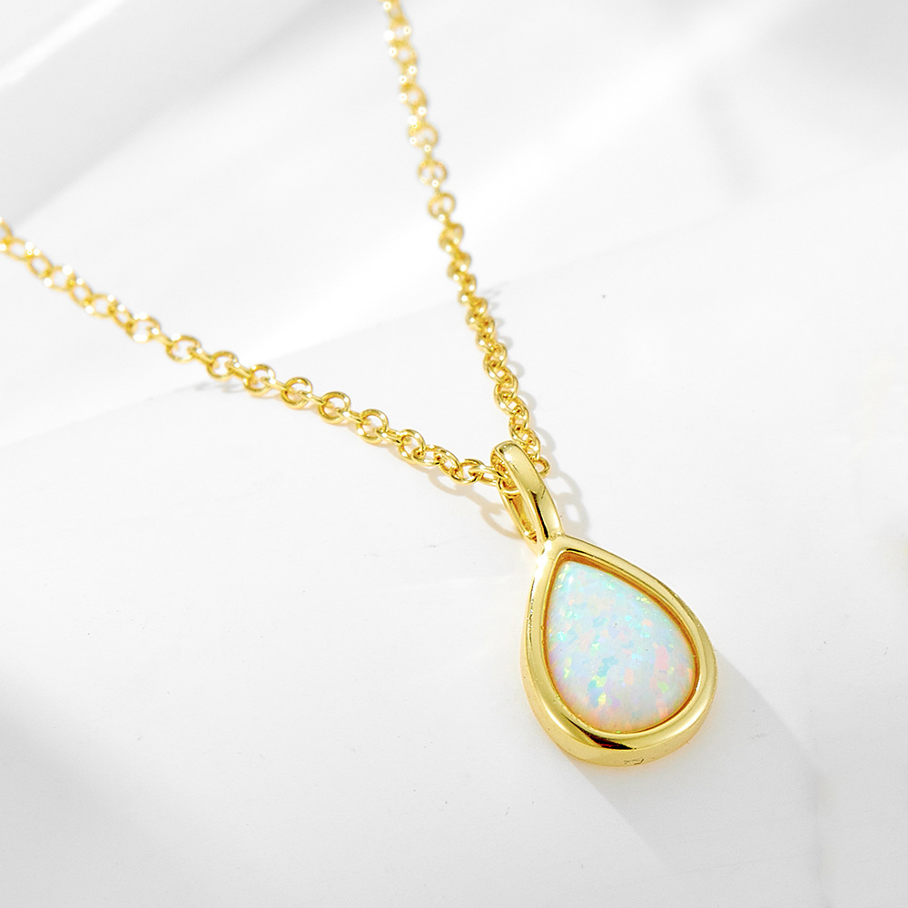 S925 Sterling Silver Geometric Pear-Shaped Opal Necklace, European and American Luxury, Ins Style, High-End, Simple Teardrop Pendant, Clavicle Chain