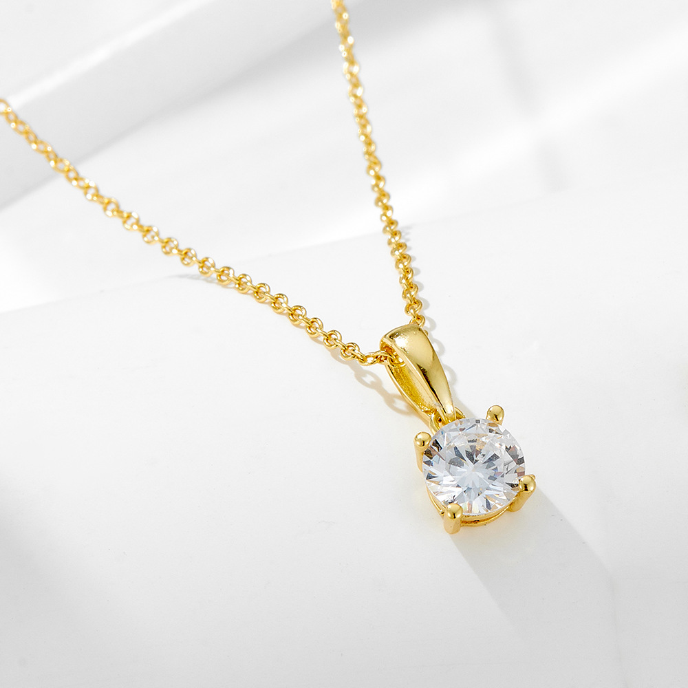 925 Sterling Silver Four-Prong Round Zircon Necklace, High-End Luxury Minimalist Style, European and American Ins Style, Exquisite and Simple Clavicle Chain