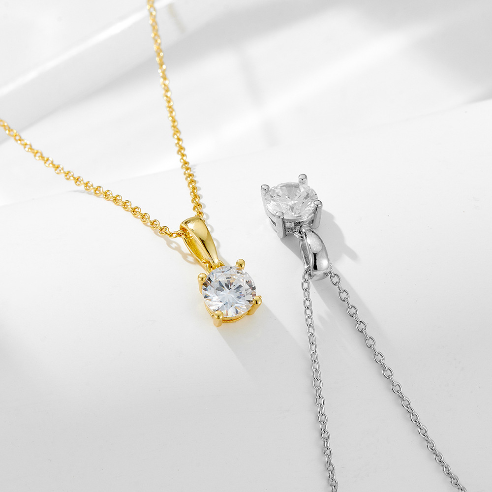 925 Sterling Silver Four-Prong Round Zircon Necklace, High-End Luxury Minimalist Style, European and American Ins Style, Exquisite and Simple Clavicle Chain