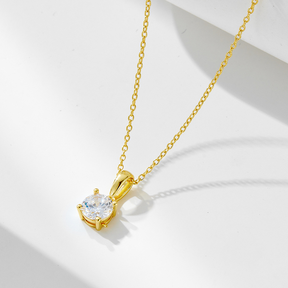 925 Sterling Silver Four-Prong Round Zircon Necklace, High-End Luxury Minimalist Style, European and American Ins Style, Exquisite and Simple Clavicle Chain