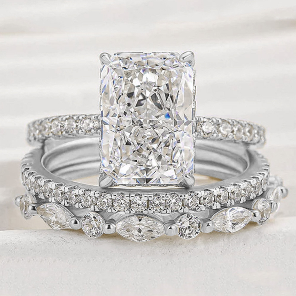 S925 Sterling Silver Super Sparkling Icy Flower Cut Zirconia Ring Set, High-Quality European and American Style, Light Luxury, INS Style Ring Set