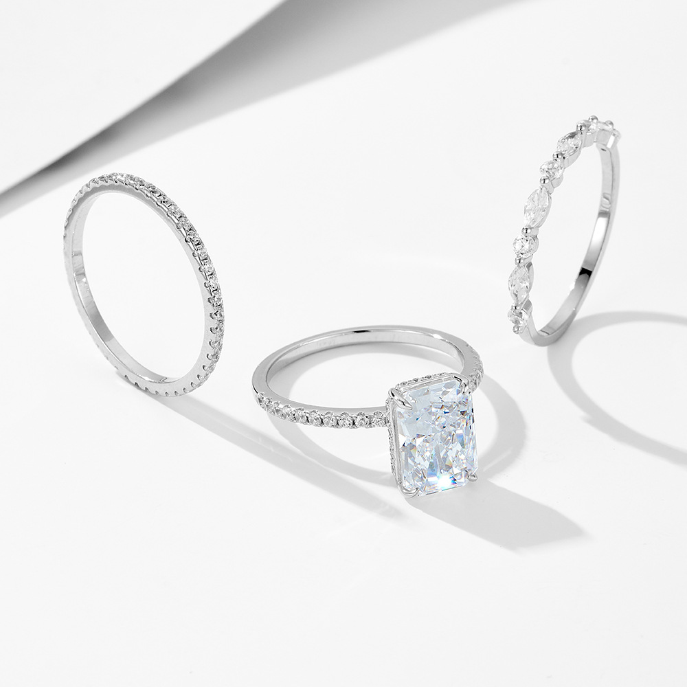 S925 Sterling Silver Super Sparkling Icy Flower Cut Zirconia Ring Set, High-Quality European and American Style, Light Luxury, INS Style Ring Set