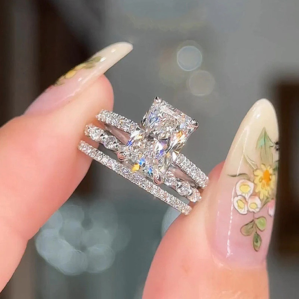 S925 Sterling Silver Super Sparkling Icy Flower Cut Zirconia Ring Set, High-Quality European and American Style, Light Luxury, INS Style Ring Set