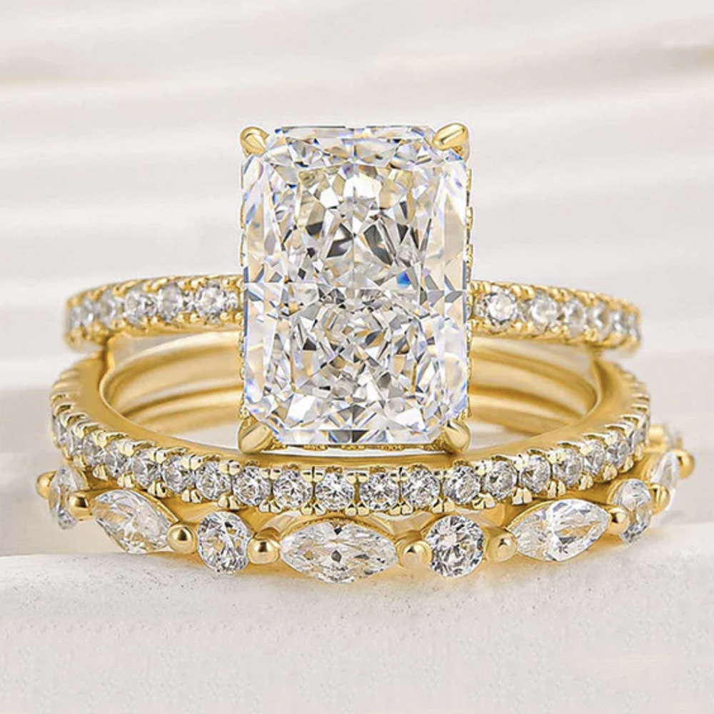 S925 Sterling Silver Super Sparkling Icy Flower Cut Zirconia Ring Set, High-Quality European and American Style, Light Luxury, INS Style Ring Set