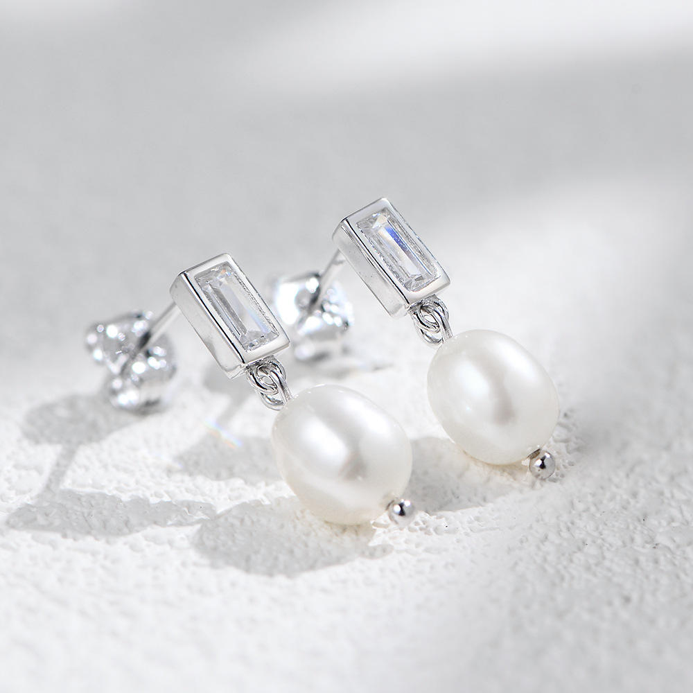 S925 Sterling Silver Natural Freshwater Pearl Stud Earrings for Women - French Niche Design, Light Luxury and High-End Rectangular Zircon Earrings