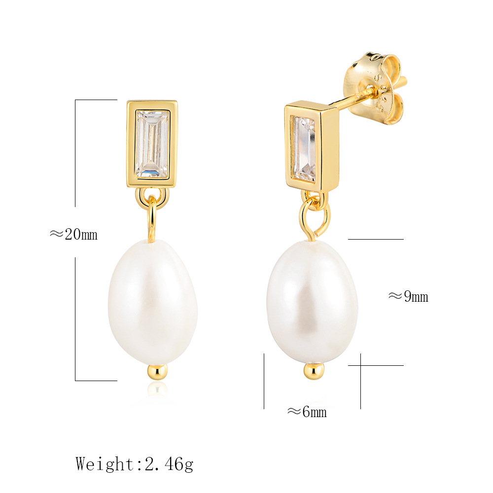 S925 Sterling Silver Natural Freshwater Pearl Stud Earrings for Women - French Niche Design, Light Luxury and High-End Rectangular Zircon Earrings