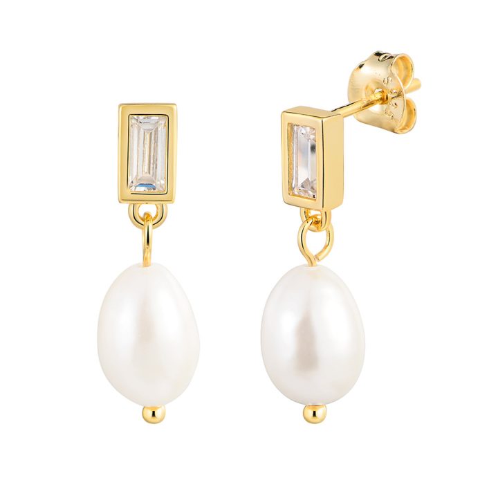 S925 Sterling Silver Natural Freshwater Pearl Stud Earrings for Women - French Niche Design, Light Luxury and High-End Rectangular Zircon Earrings