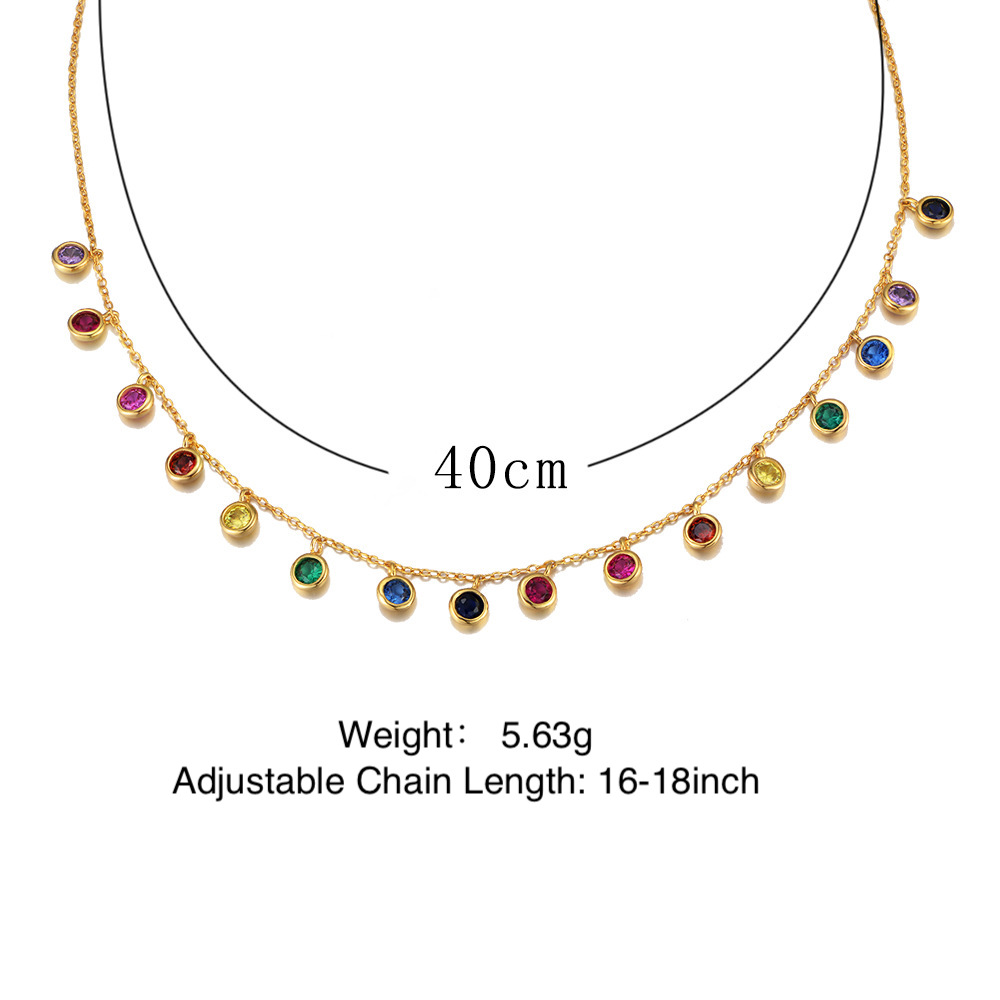S925 Sterling Silver Colorful Round Zircon Necklace for Women, European and American Style Seven-Color Gemstone Pendant, Rainbow Clavicle Chain