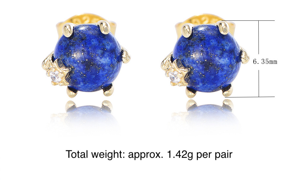 S925 Sterling Silver Natural Lapis Lazuli Bead Six-Prong Stud Earrings - High-End, Niche, European & American Style, Ins-Style Gemstone Earrings