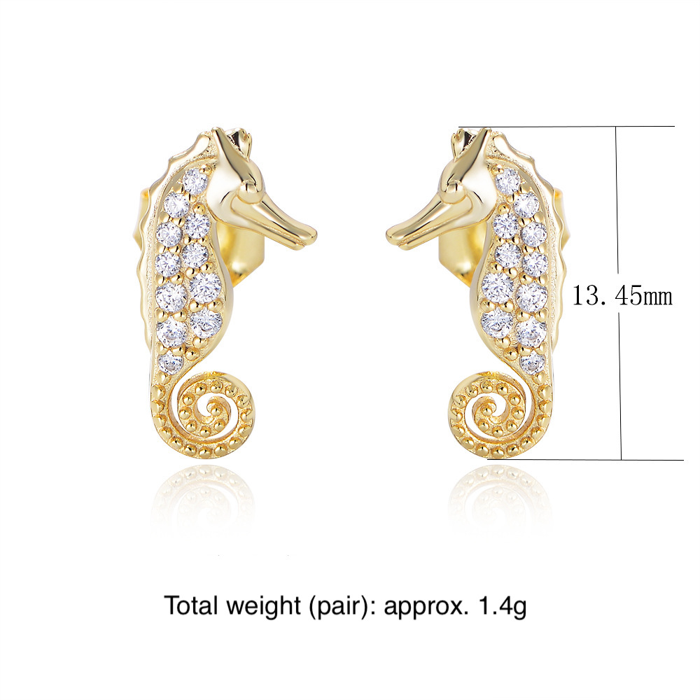 S925 Sterling Silver Micro-painted Zircon Seahorse Animal Earrings for Women - European and American Style, Cute and Unique.