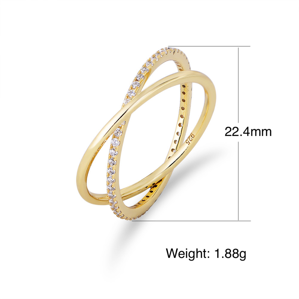 European and American style S925 Korean style sterling silver ring, simple double-ring interlocking full circle zircon silver ring.