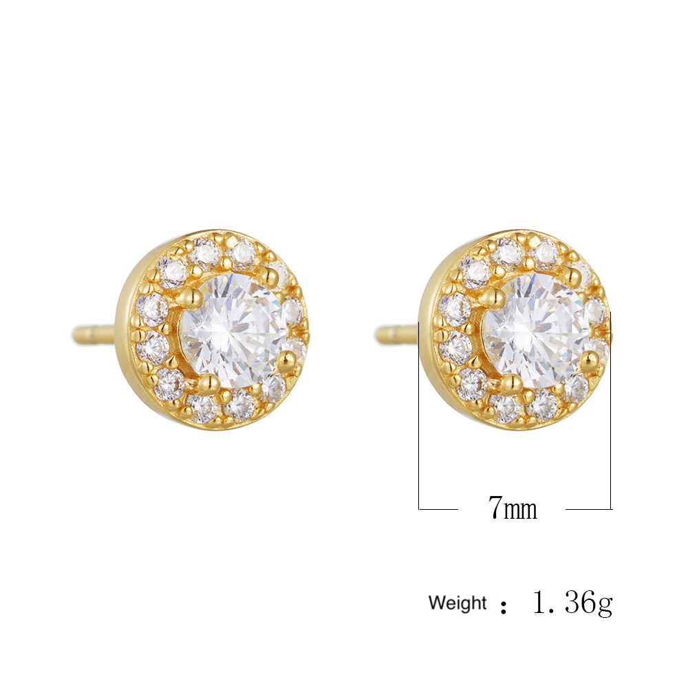 Round, full-diamond zircon sterling silver stud earrings for women, European and American hip-hop style, simple and trendy, high-quality wholesale.