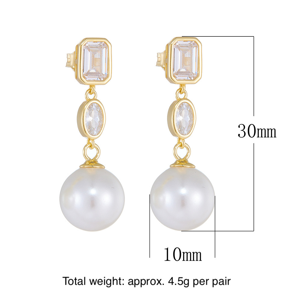 European and American minimalist square zircon pearl earrings, S925 sterling silver, elegant, understated luxury, versatile long pearl earrings/studs.