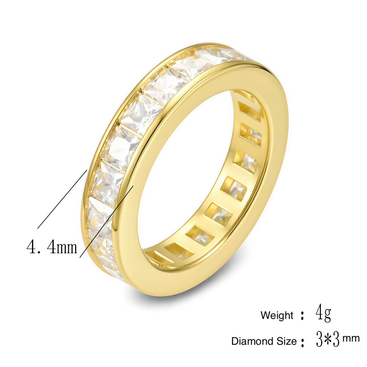14k gold-plated diamond ring for women, European and American style jewelry, 925 sterling silver, simple, unique, versatile square zircon ring.