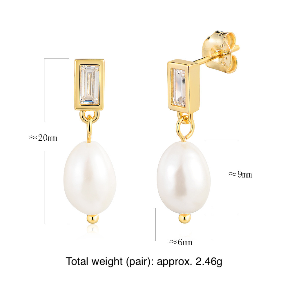 S925 Sterling Silver Natural Freshwater Pearl Stud Earrings for Women - French Niche Design, Light Luxury and High-End Rectangular Zircon Earrings